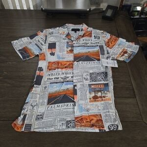 New Botton Up Shirt Men's Rayon Newspaper Print Route 66 Size XS(30-32)NOBO